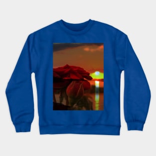 Romantic landscape with red roses over Danube sunset in water reflection Crewneck Sweatshirt